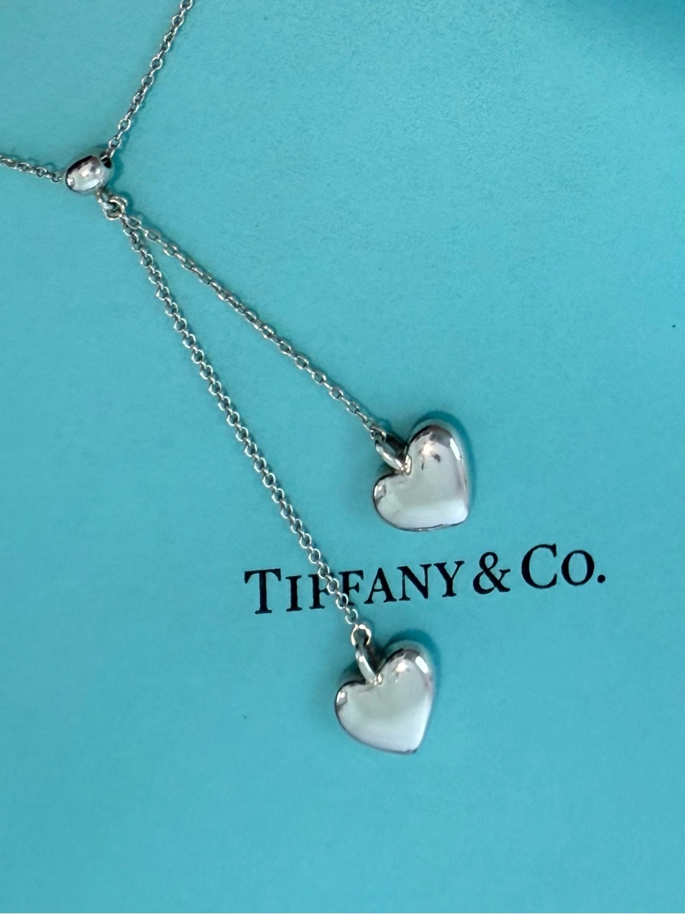 Tiffany & Co. Double Heart Drop Lariat Necklace 925 Sterling Silver 16” Chain